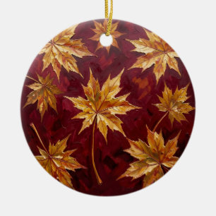 Golden Maple Leaves Autumn Painting Ceramic Ornament