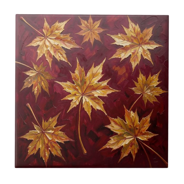 Golden Maple Leaves Autumn Painting Tile (Front)