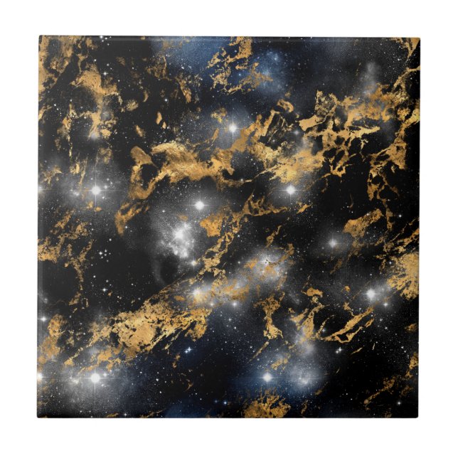 Golden Marble Dark Starry Night Space Lover Galaxy Tile (Front)