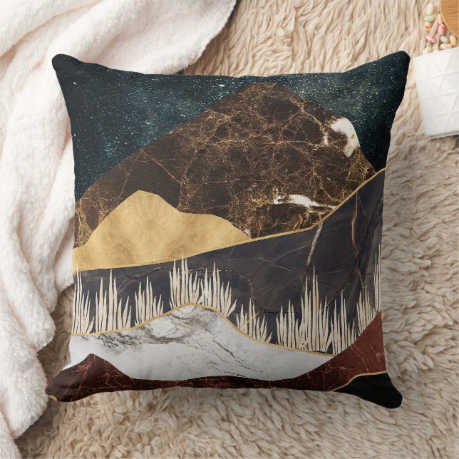Golden Marble Mountain Under Starry Sky Throw Pillow (Blanket)