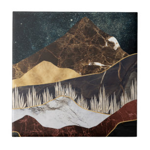 Golden Marble Mountain Under Starry Sky Tile