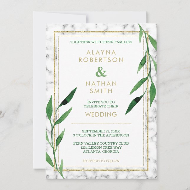 Golden Marble Wedding Invitation, Greenery Invitation (Front)