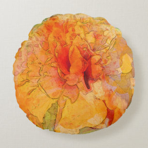 Golden Marigold Flower Watercolor Round Pillow