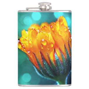 Golden Marigold on Teal Bokeh Hip Flask