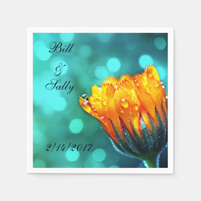 Golden Marigold on Teal Bokeh Napkin (Front)