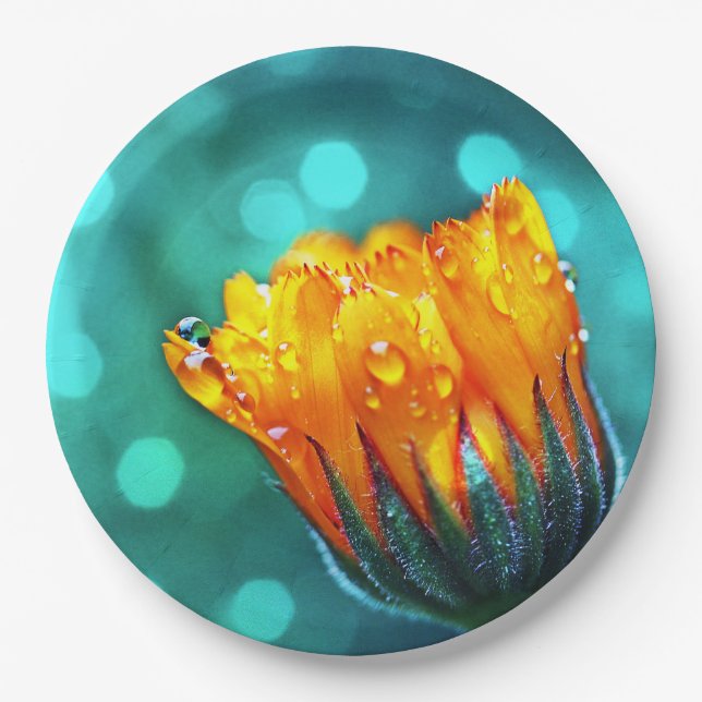 Golden Marigold on Teal Bokeh Paper Plate (Front)