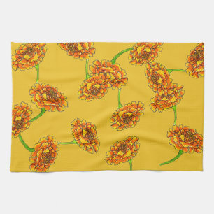 Golden Marigolds Floral Botanical Art on Yellow Kitchen Towel