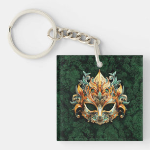 Golden Mask on Forest Green Background Keychain