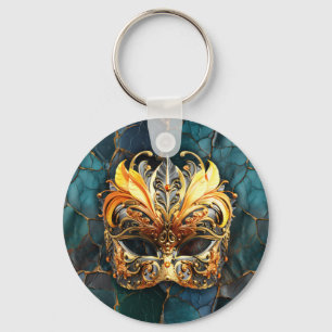 Golden Mask on Teal Vains Backcground Keychain