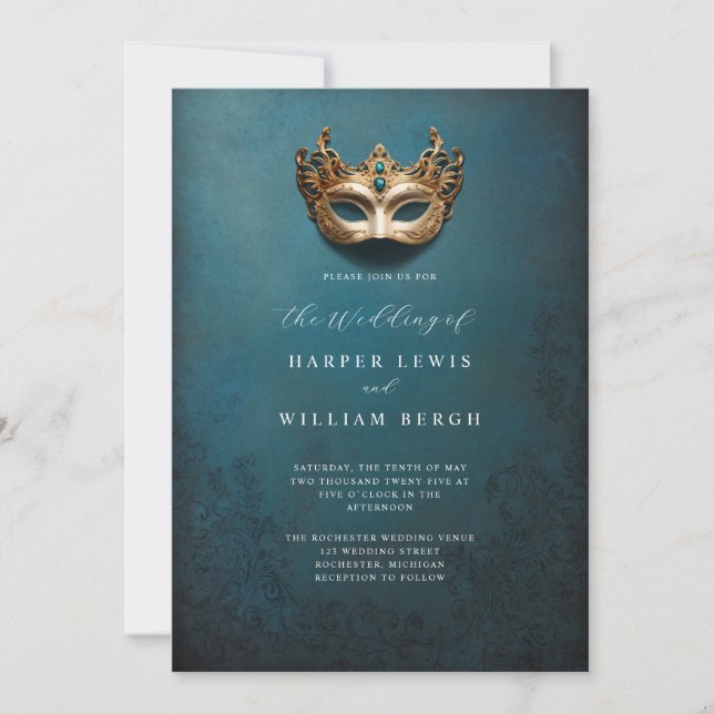 Golden masquerade mask wedding invitation (Front)