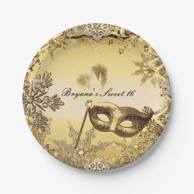 Golden Masquerade Mask & Winter Snowflakes Elegant Paper Plate (Front)
