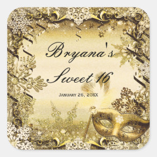 Golden Masquerade Mask & Winter Snowflakes Elegant Square Sticker