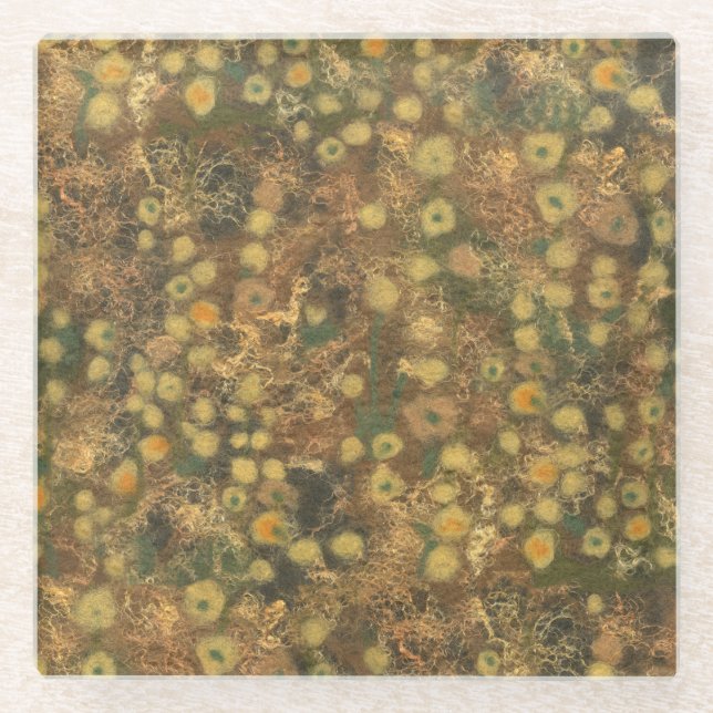 Golden Meadow, abstract floral pattern olive green Glass Coaster (Front)
