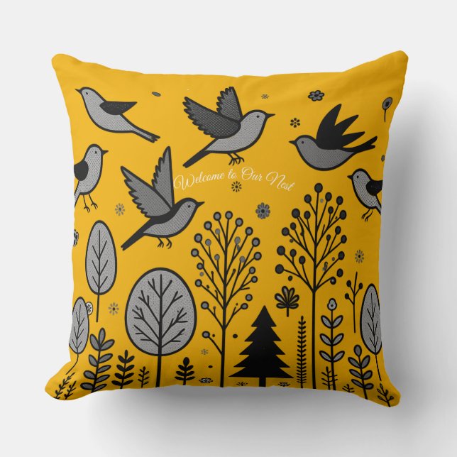 Golden Meadow Birds Throw Pillow (Front)