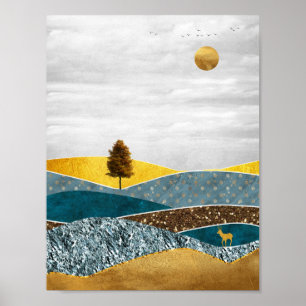 Golden Meadow with Tree and Deer Poster