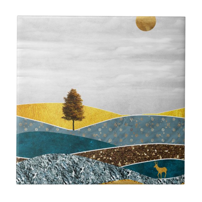 Golden Meadow with Tree and Deer Tile (Front)
