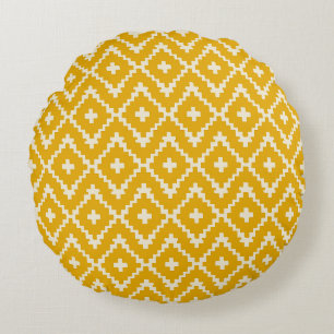 Golden Medina: Yellow Andalusian Moroccan Geometry Round Pillow