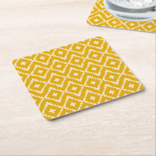 Golden Medina: Yellow Andalusian Moroccan Geometry Square Paper Coaster