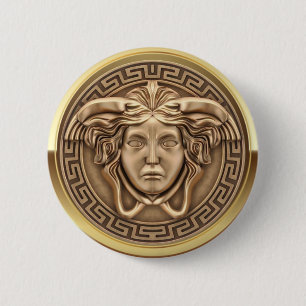 Golden Medusa Gorgon with Greek Key 2 Inch Round Button
