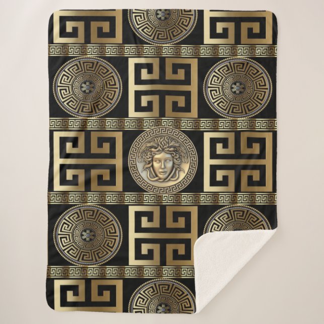 Golden Medusa Greek Key  Sherpa Blanket (Front)