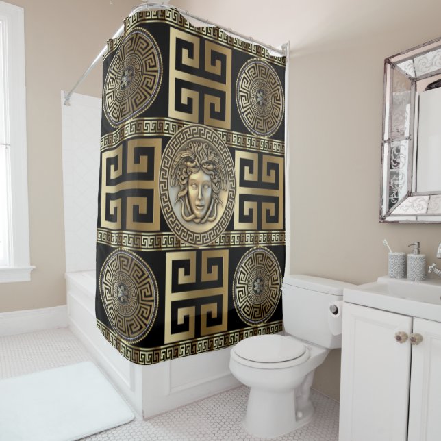 Golden Medusa Greek Key Shower Curtain (In Situ)