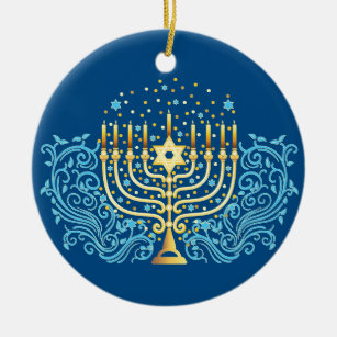 Golden menorah Hanukkah greeting festival of light Ceramic Ornament