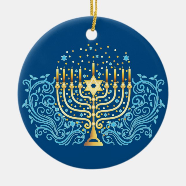 Golden menorah Hanukkah greeting festival of light Ceramic Ornament (Front)