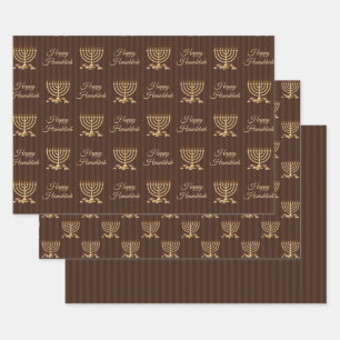 Golden Menorah Hanukkah Stripes Wrapping Paper Sheet