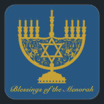 Golden Menorah Sticker<br><div class="desc">Square sticker with an image of a golden menorah and optional text on royal blue. See matching custom-cut vinyl sticker, invitation, label, confetti and wrapping paper. See the entire Hanukkah Sticker collection under the CARDS & STICKERS category in the HOLIDAYS section.</div>