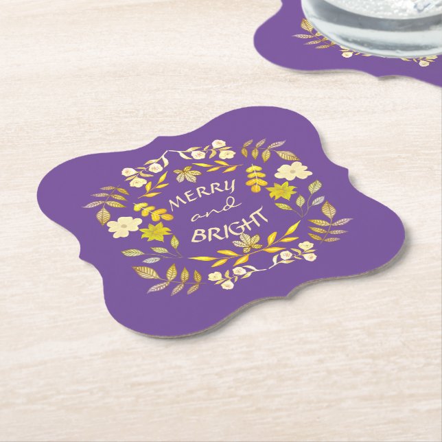GOLDEN MERRY AND BRIGHT personalized Paper Coaster (Angled)