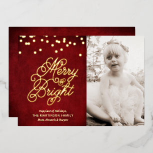 Golden Merry & Bright on Red Photo Foil Holiday Card