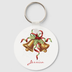 Golden Merry Christmas Bell with Red Bow Holiday Keychain