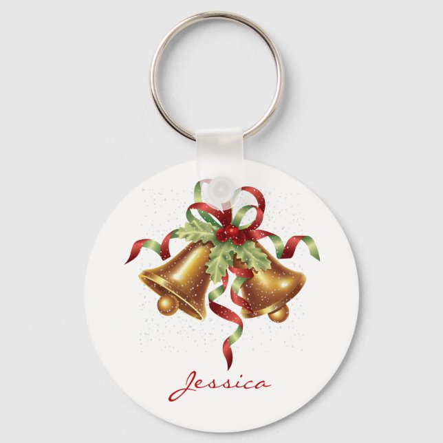 Golden Merry Christmas Bell with Red Bow Holiday Keychain (Front)
