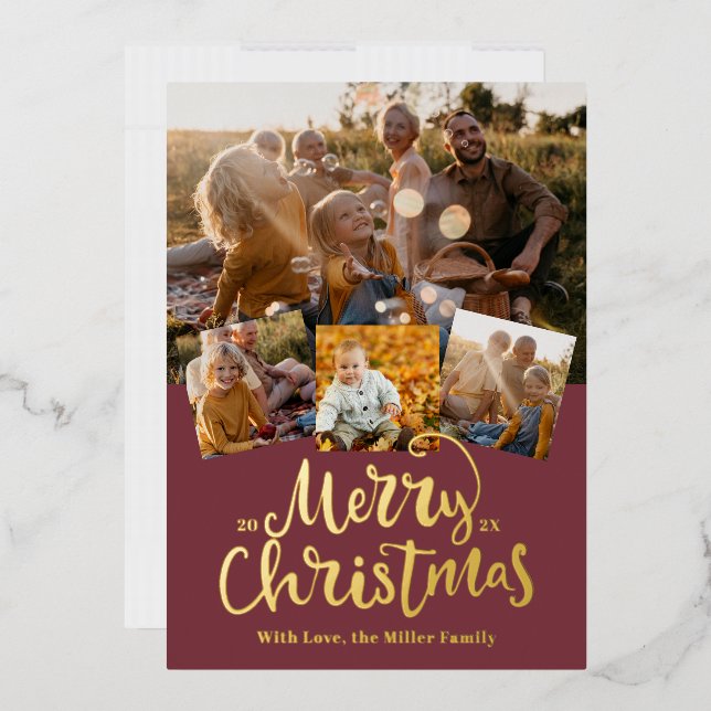 Golden Merry Christmas Elegant Photo collage Foil  Foil Holiday Card (Envelope)