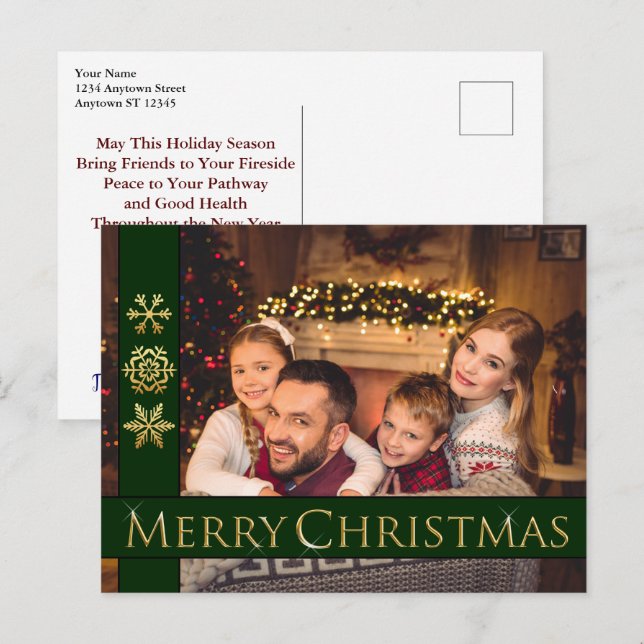 Golden Merry Christmas Family Photo Holiday Postcard (Front/Back)