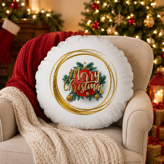 Golden Merry Christmas Personalized Round Pillow