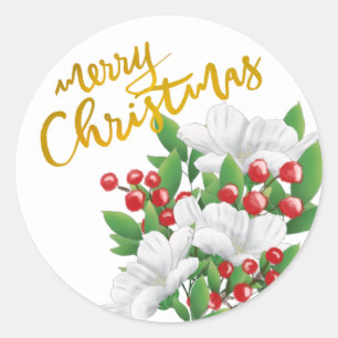 Golden Merry Christmas White Red Green Floral Classic Round Sticker