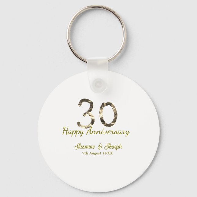 Golden Metallic 30th Happy anniversary add name Keychain (Front)