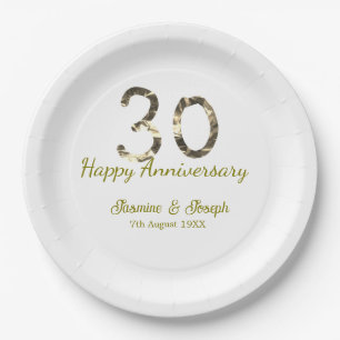 Golden Metallic 30th Happy anniversary add name Paper Plate