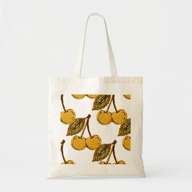 Golden Metallic Cherries Pattern Tote Bag (Front)