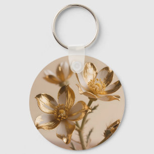 Golden Metallic Flowers Luxe Botanical Elegance Keychain