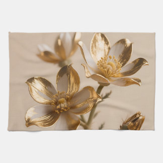 Golden Metallic Flowers Luxe Botanical Elegance Kitchen Towel