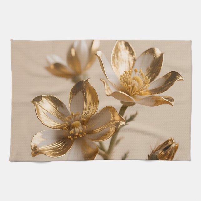 Golden Metallic Flowers Luxe Botanical Elegance Kitchen Towel (Horizontal)