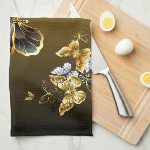Golden Metamorphosis – Botanical Butterfly Design Kitchen Towel