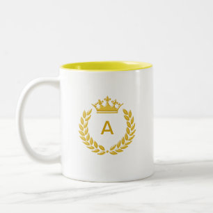 Golden Monogram & Crown with Laurel Leaves  Two-Tone Coffee Mug