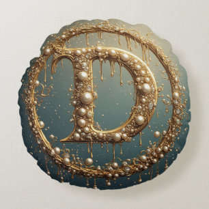 Golden Monogram Initial Letter D Round Pillow