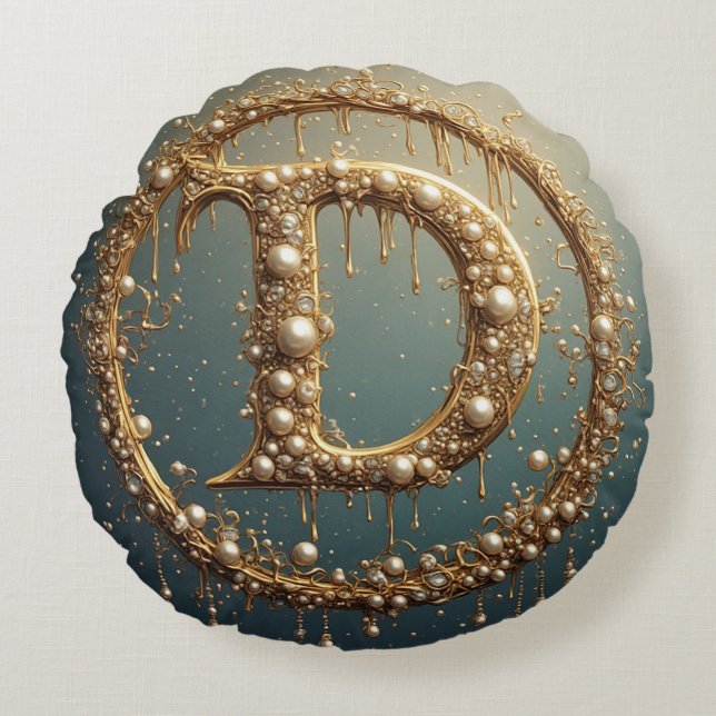 Golden Monogram Initial Letter D Round Pillow (Front)