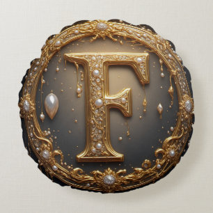 Golden Monogram Initial Letter F Round Pillow