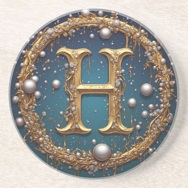 Golden Monogram Initial Letter H Coaster (Front)