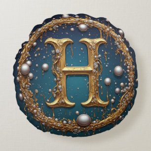 Golden Monogram Initial Letter H Round Pillow